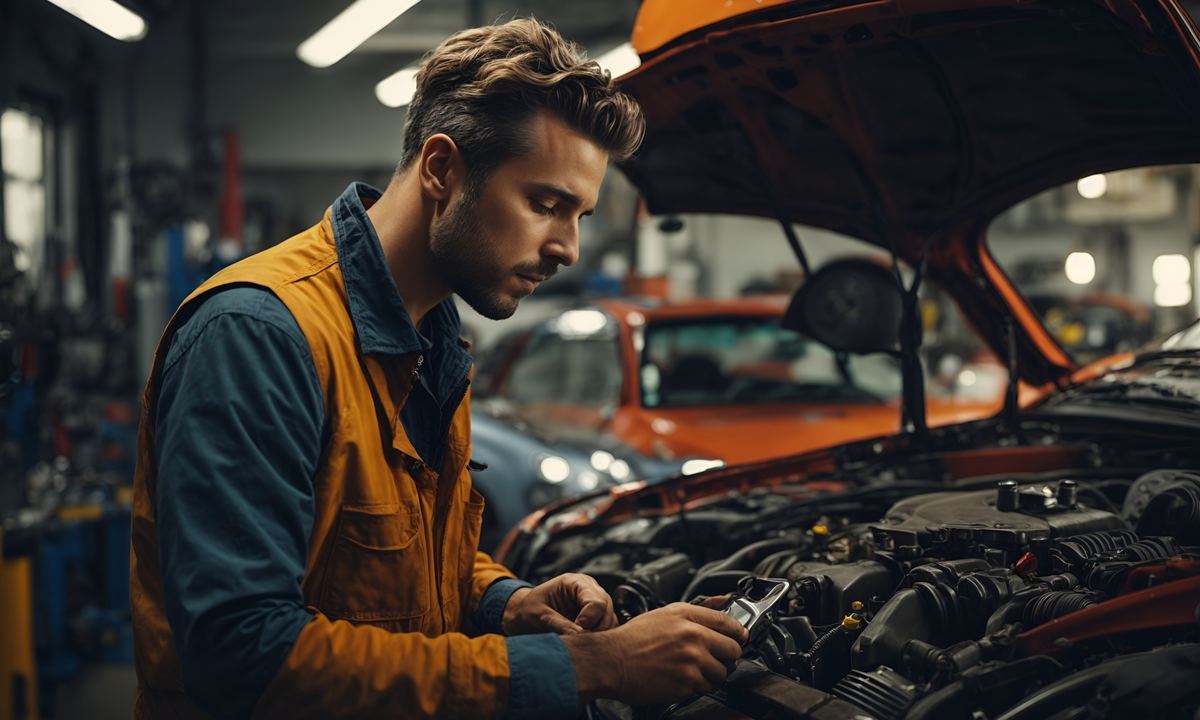 Mechanic carrying out MOT fail repair work in a garage